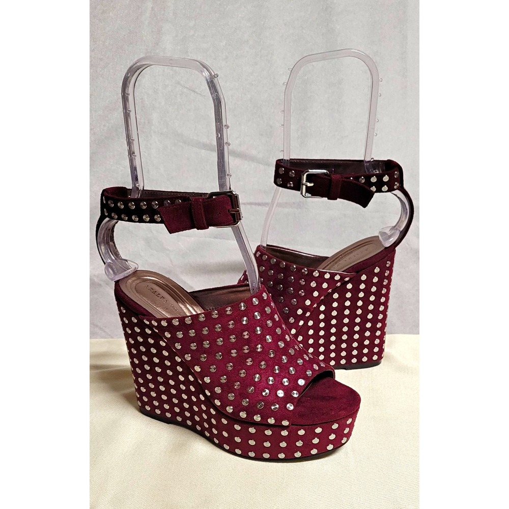 Azalea Wang Burgundy Suede Studded Platform Wedge Ankle Strap Sandal Sz 7
